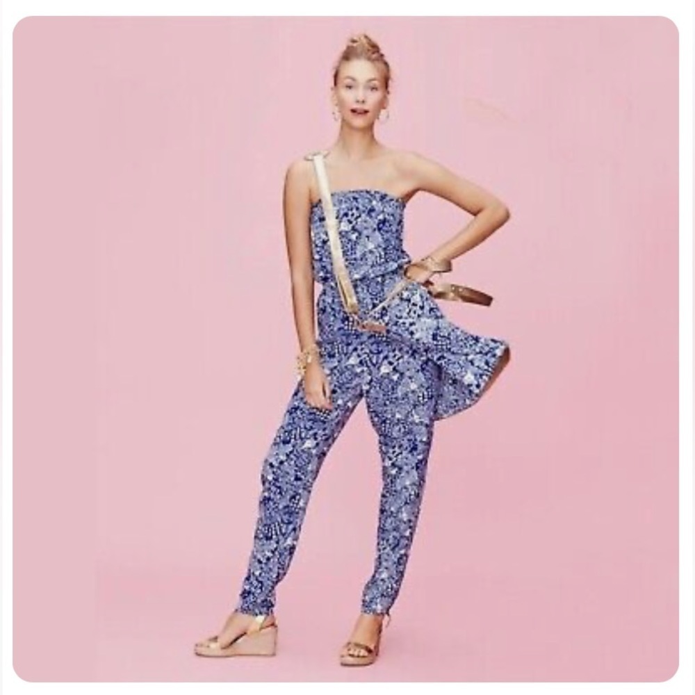 Lilly Pulitzer Blue and White Upstream Fish Print Jumpsuit